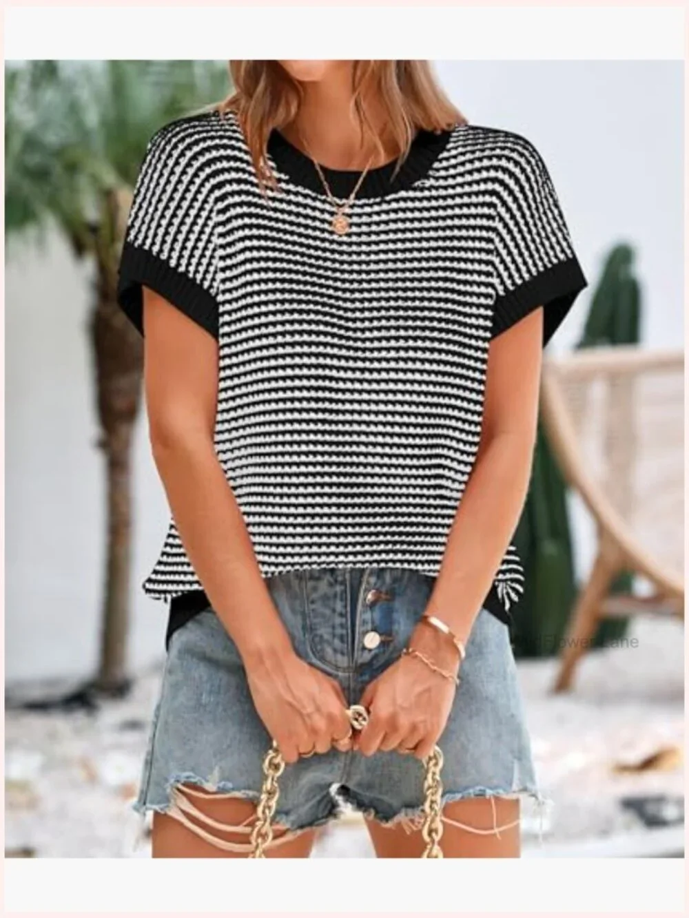 Short Sleeve Striped Pullover Sweater Vest Cap Sleeve Knit Tops